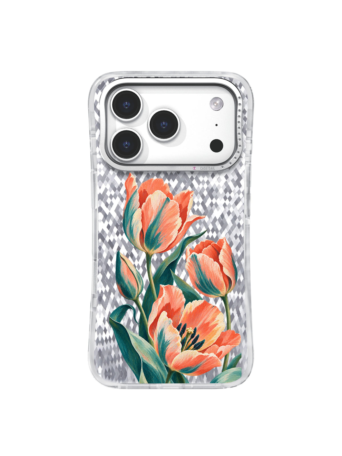 Front view of the Tulips on the Upbeat iPhone 17 Pro case with coral tulip artwork