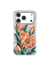 Upbeat Pair pattern with two open coral tulips, upright buds, and sweeping teal foliage on an iPhone 17 Pro case
