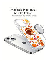 Turkey Blossom Gathering: Case separated above a phone beside a round charging accessory.