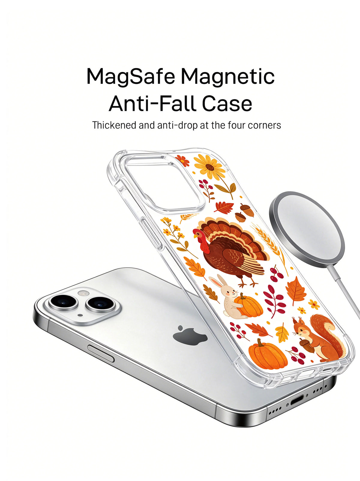 Turkey Blossom Gathering: Case separated above a phone beside a round charging accessory.