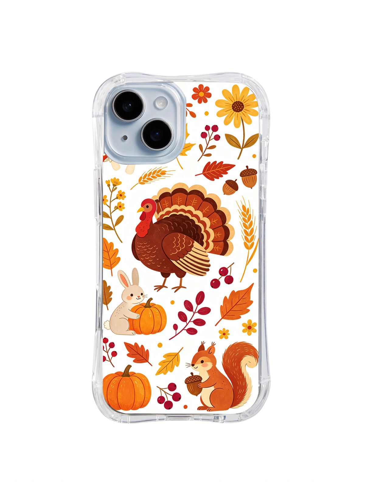 Turkey Blossom Gathering: A large turkey above a pumpkin-holding rabbit and an acorn-holding squirrel, with yellow flowers and red berries.