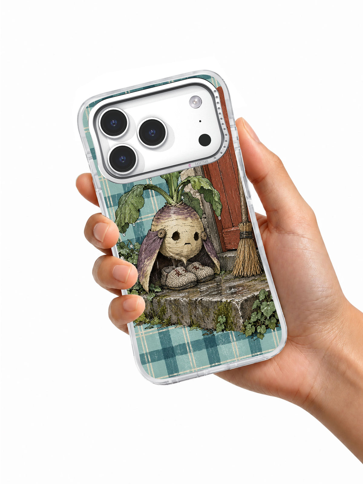 Turnip at the Back Door iPhone 17 Pro case held in hand