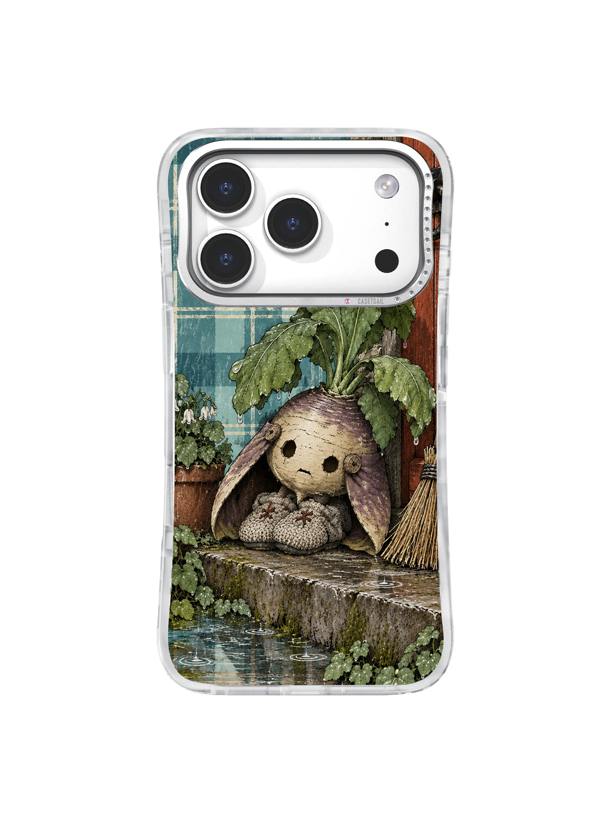 Purple-shouldered turnip on aqua plaid iPhone 17 Pro case pattern three
