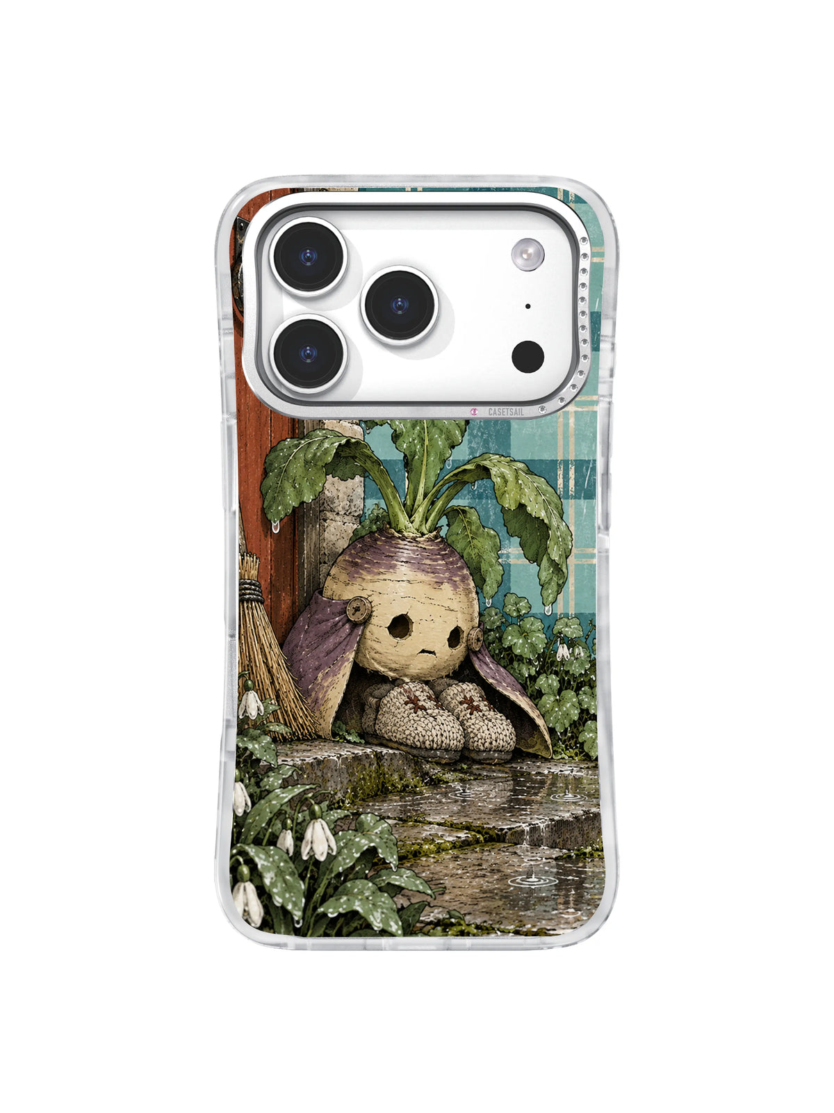 Turnip and broom at cottage threshold iPhone 17 Pro case pattern four