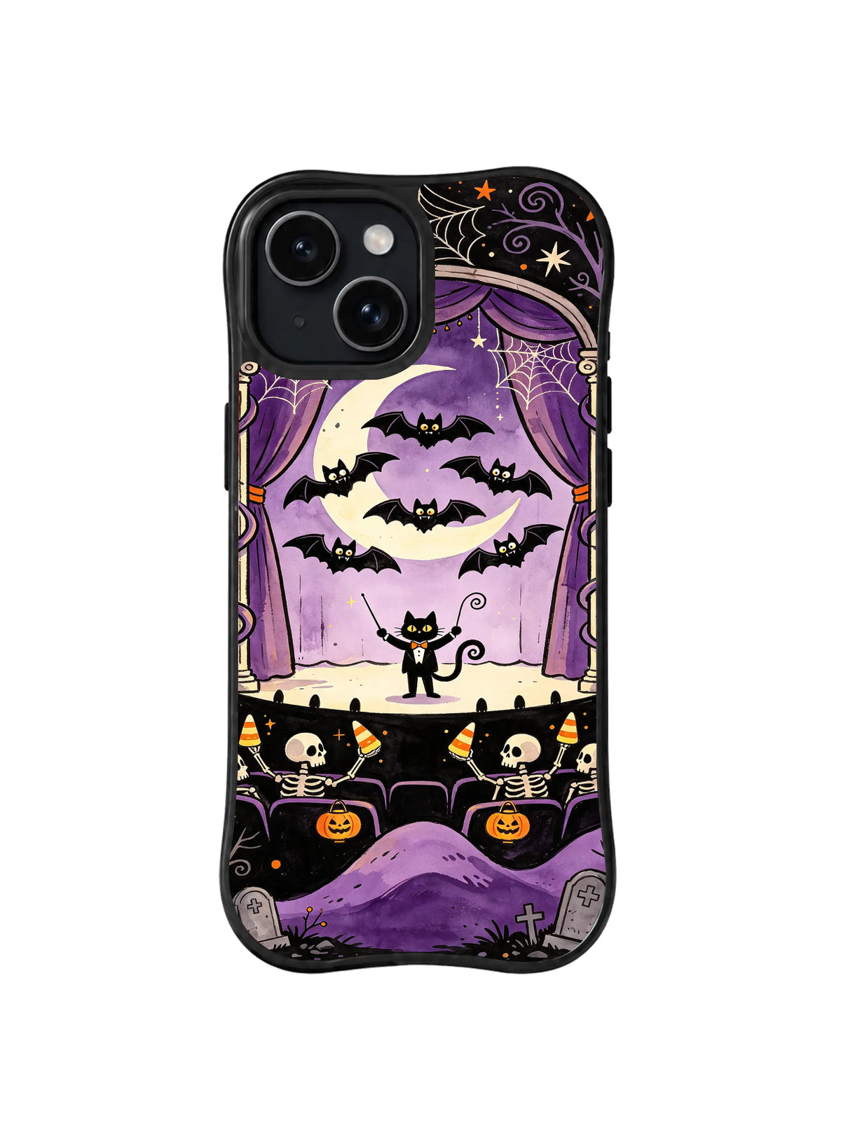 Tuxedo Cat Bat Choir iPhone 13 case with purple theater curtains and crescent moon