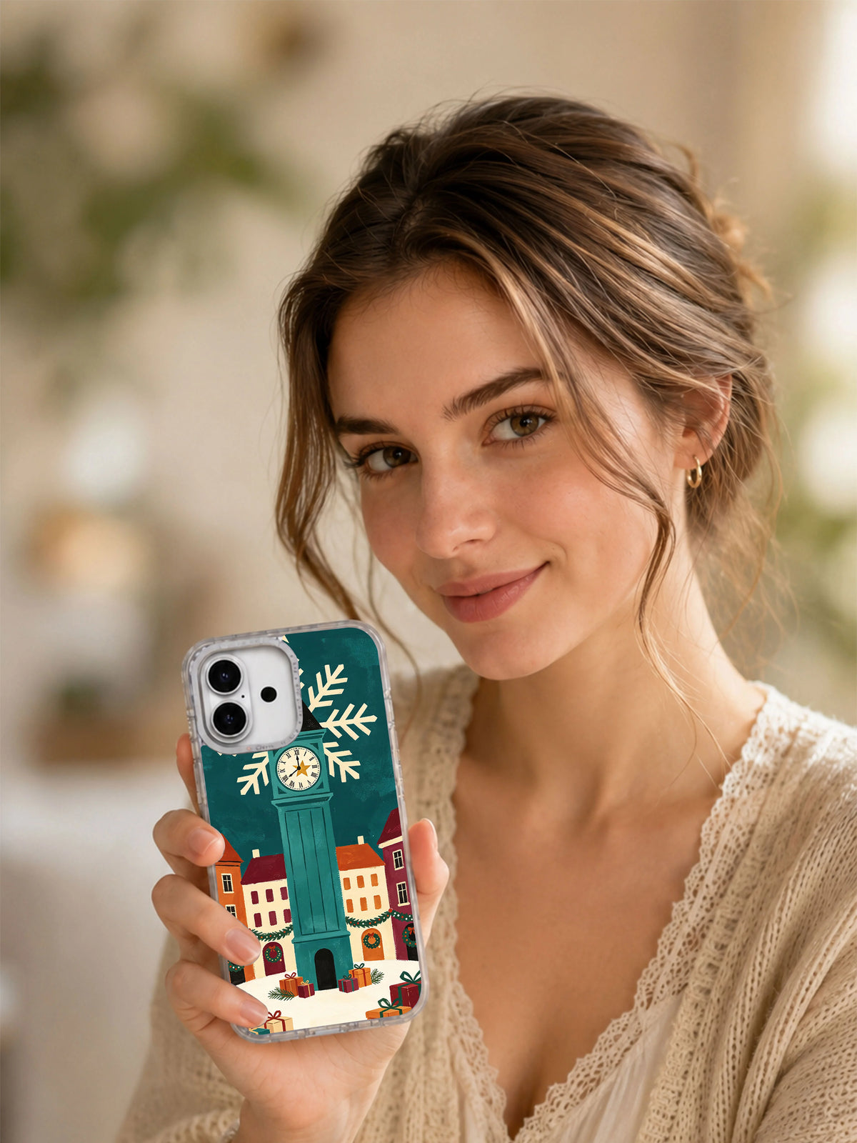 Lifestyle view of Twelve Snowflakes at the Clocktower iPhone 17 case
