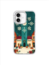 Long winter street leading to a teal clocktower under geometric snowflakes on an iPhone 17 case