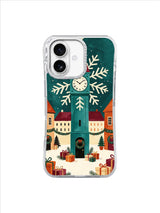 Teal clocktower above a cream plaza with wrapped gifts and snowflakes on an iPhone 17 case