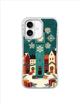 Teal clocktower surrounded by varied snowflakes, town buildings, and gifts on an iPhone 17 case