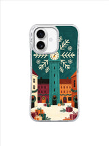 Teal clocktower framed by colorful buildings and radiating winter branches on an iPhone 17 case