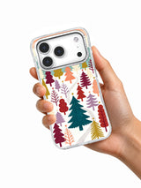 Handheld iPhone 17 Pro case showing the colorful geometric dawn forest artwork