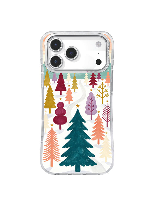 Twenty-Two Star Dawn iPhone case pattern with a deep teal fir and colorful geometric winter trees