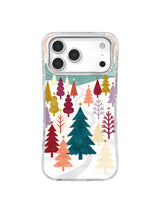 Colorful folk forest iPhone case pattern with teal, coral, plum and gold trees on ivory