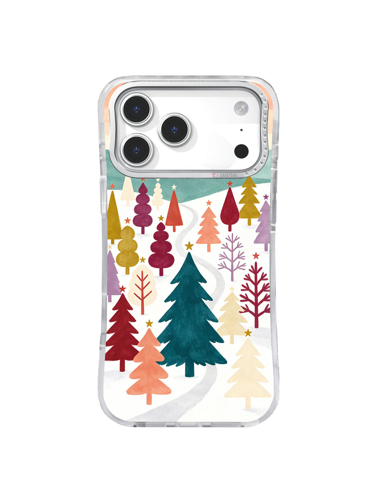 Colorful folk forest iPhone case pattern with teal, coral, plum and gold trees on ivory