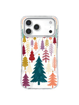 Ivory winter forest iPhone case pattern with a central teal fir, starbursts and pastel trees