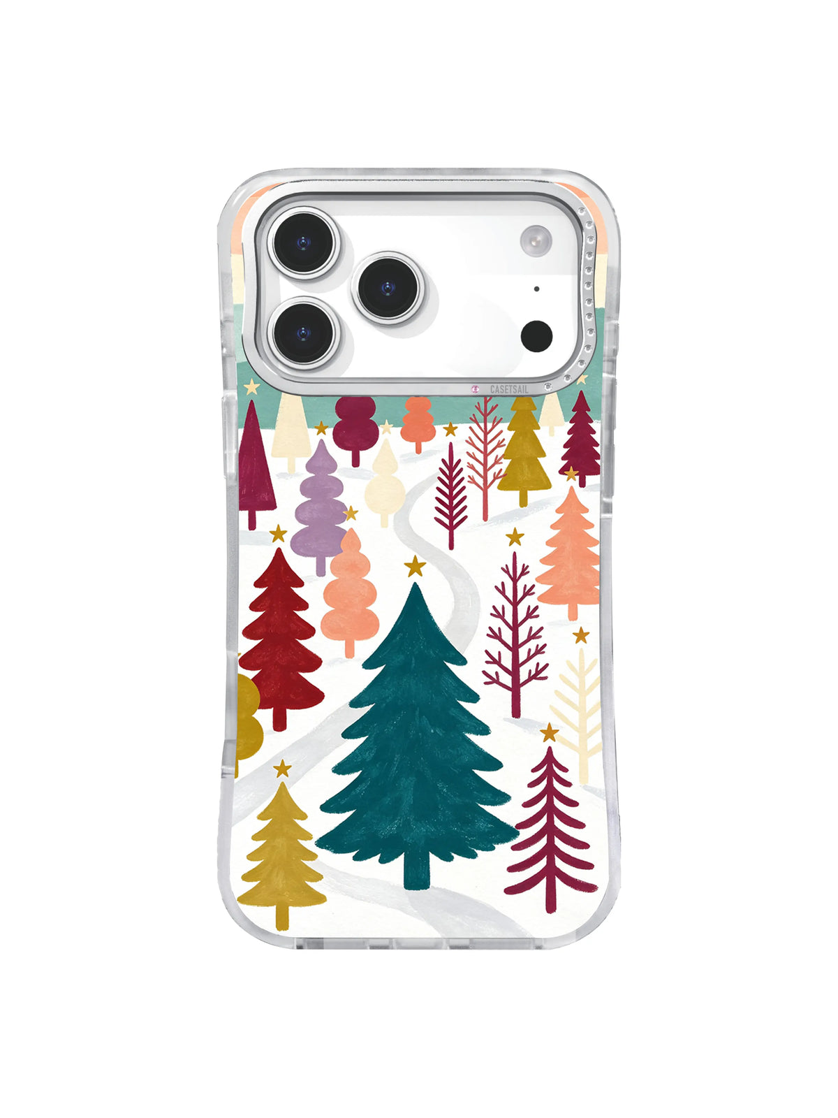 Scandinavian dawn forest iPhone case pattern with teal fir, scarlet trees and gold stars