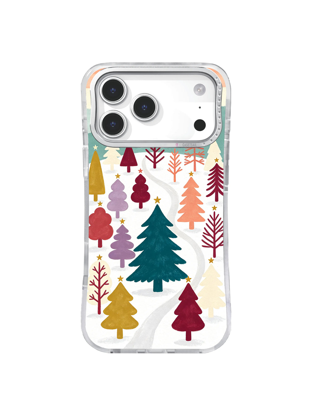 Multicolor star dawn iPhone case pattern with tall folk trees in teal, plum, coral and mustard