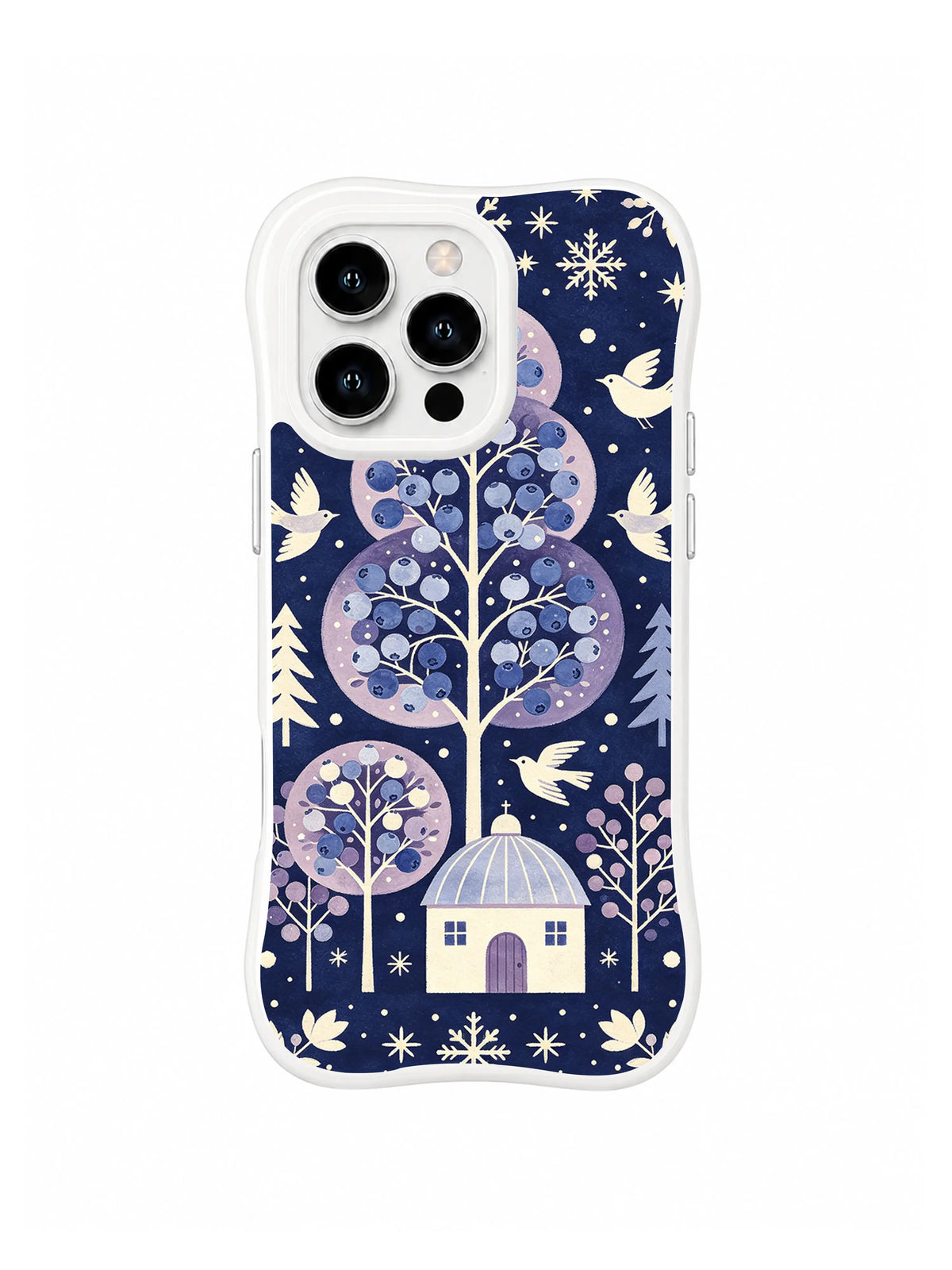 Twin Trunk Blueberry House iPhone 13 Pro case in navy, lilac and ivory