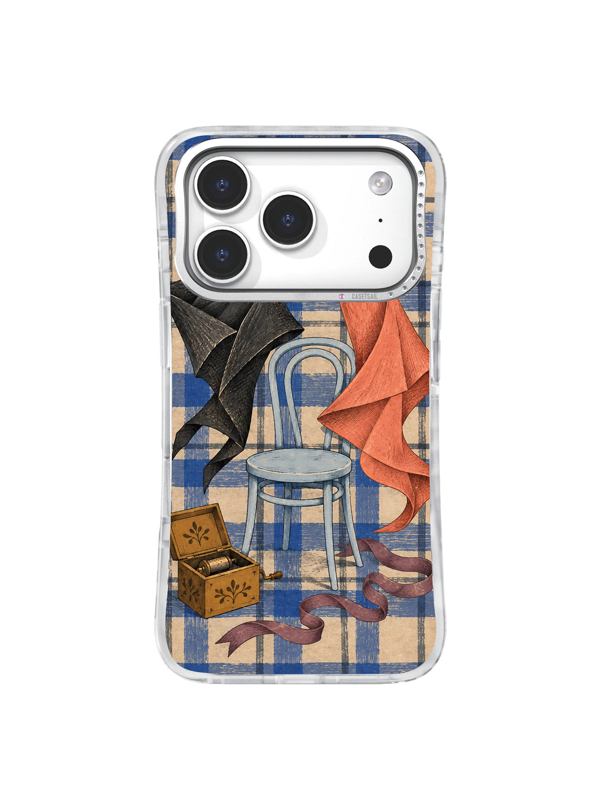 Charcoal and coral handkerchief dancers beside a bentwood chair and music box iPhone case