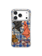 Coral handkerchief partner smiling beside a charcoal dancer and blue chair iPhone case