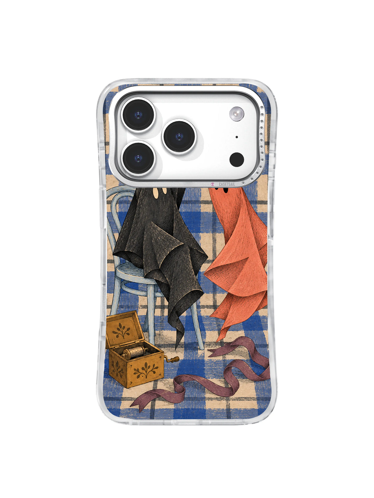 Two cloth spirits crossing steps over mauve ribbon in plaid iPhone case artwork