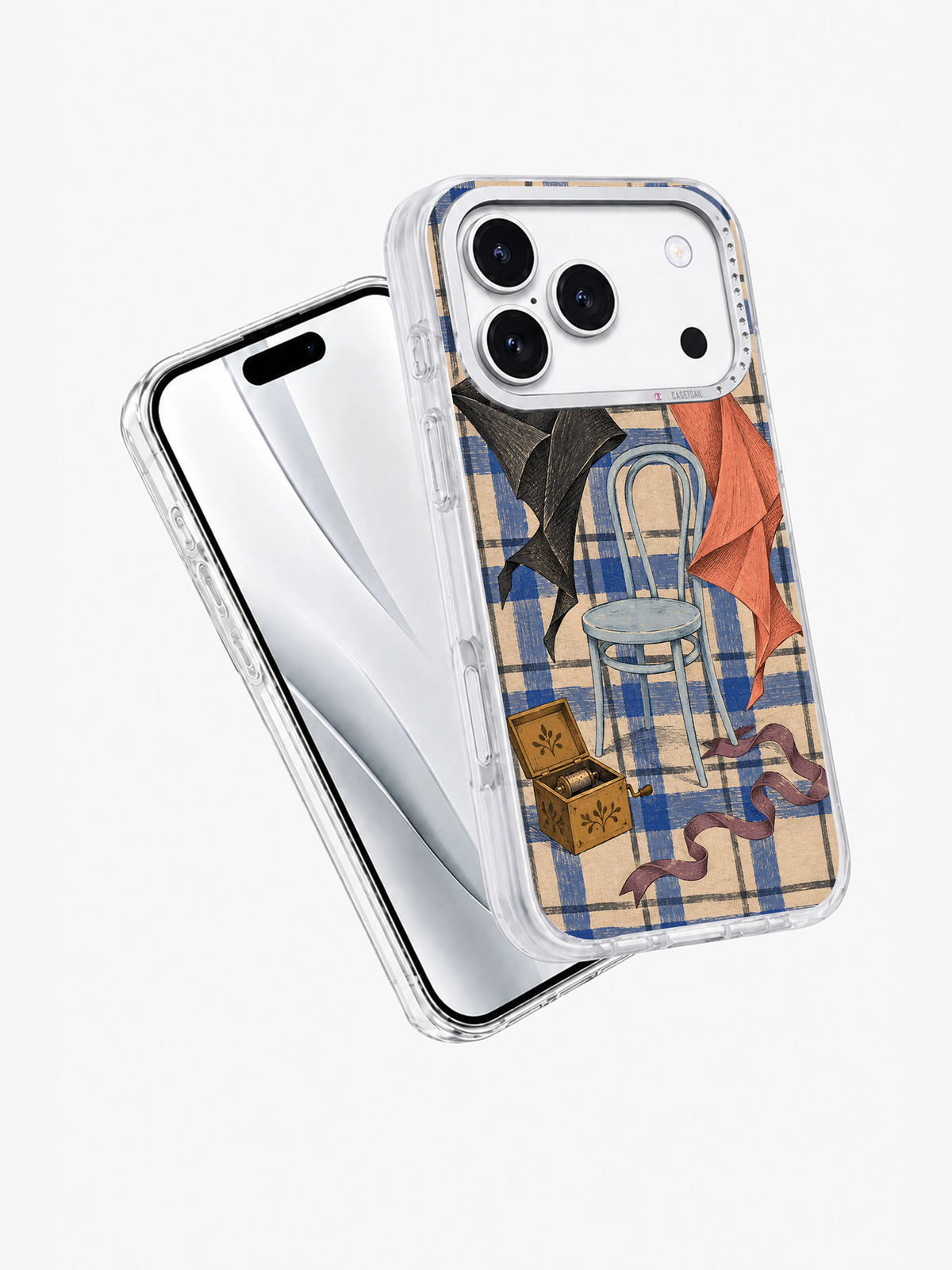 Two Handkerchiefs Learn to Waltz iPhone 17 Pro case in angled front and back view