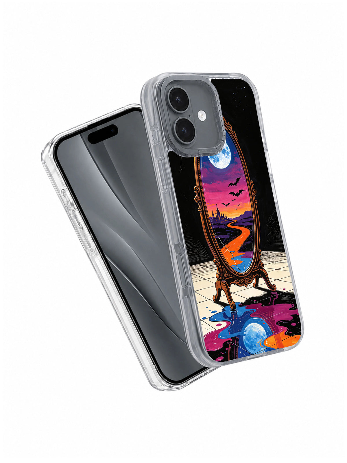 Two Moons in the Mirror iPhone 17 Case angled view