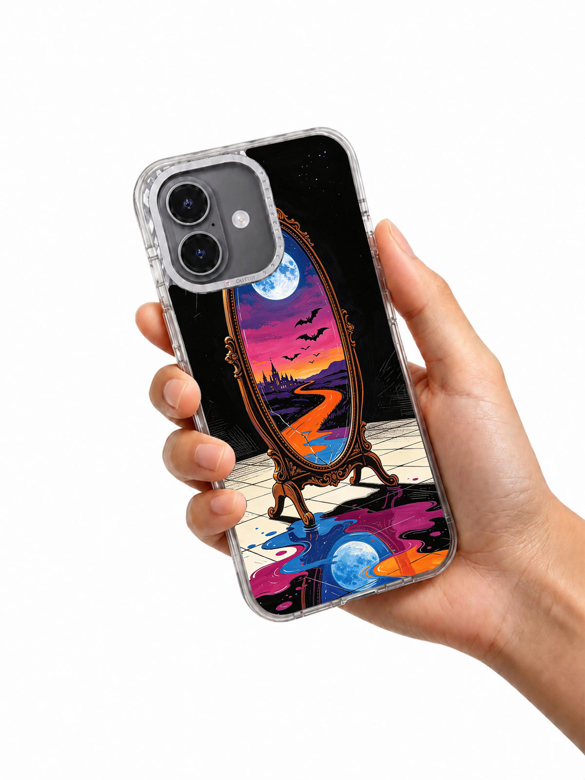 Two Moons in the Mirror iPhone 17 Case held in hand