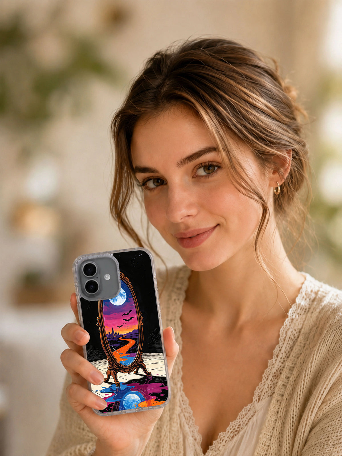 Two Moons in the Mirror iPhone 17 Case lifestyle view