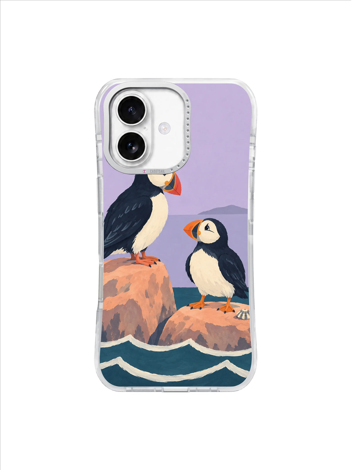 Calm puffin pair above dark teal waves with an open lavender sky on an iPhone 17 case