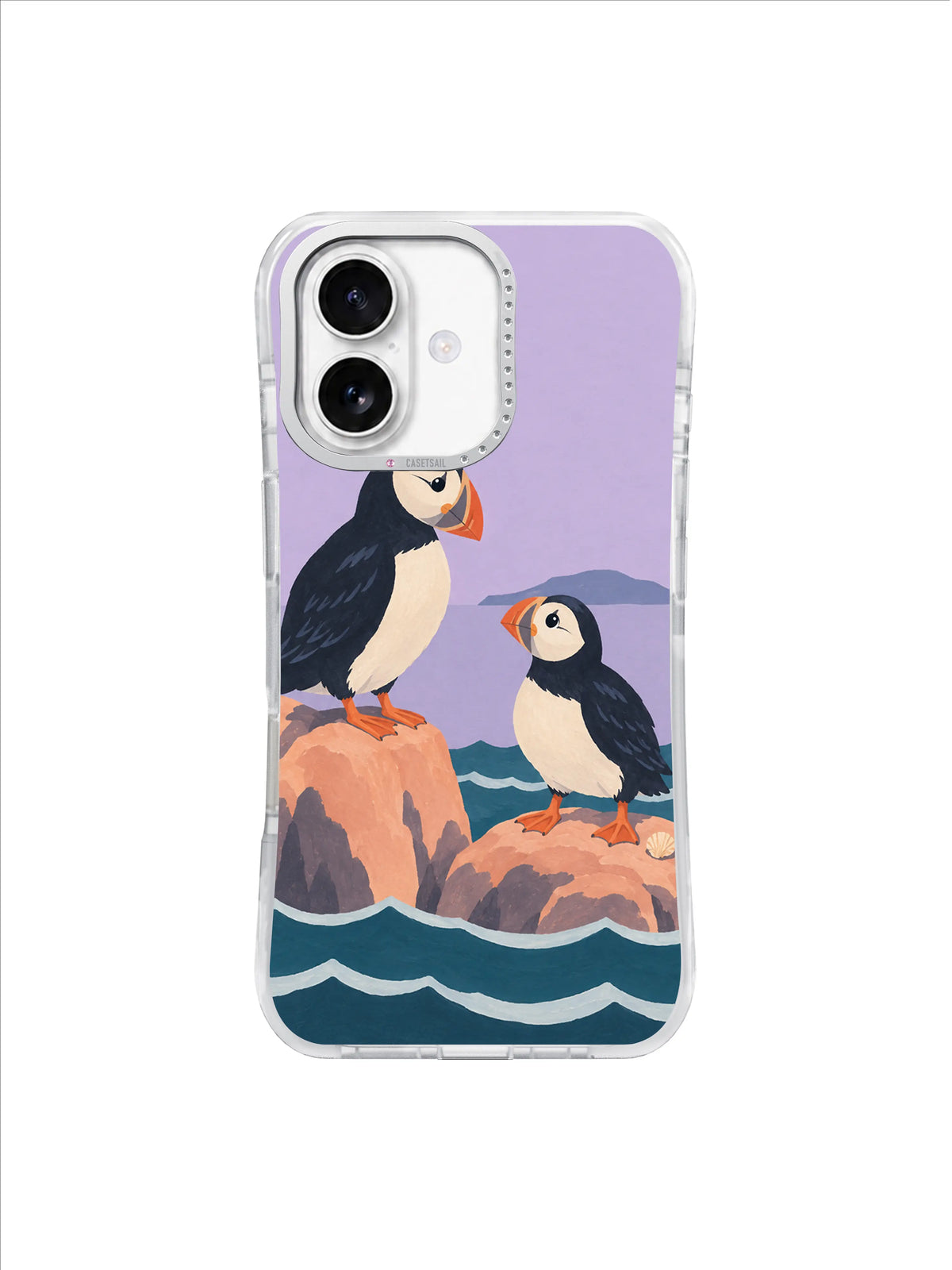 Black and ivory puffins with coral beaks resting above the tide on a pale lavender phone case