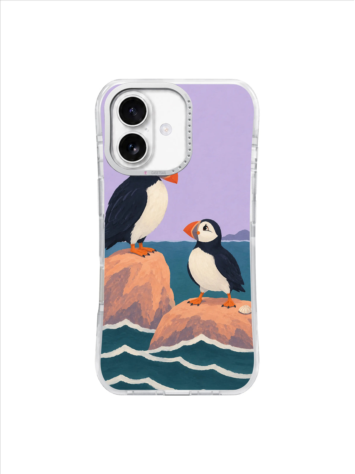 Older and younger puffins turning toward each other over scalloped waves in a coastal iPhone 17 case illustration