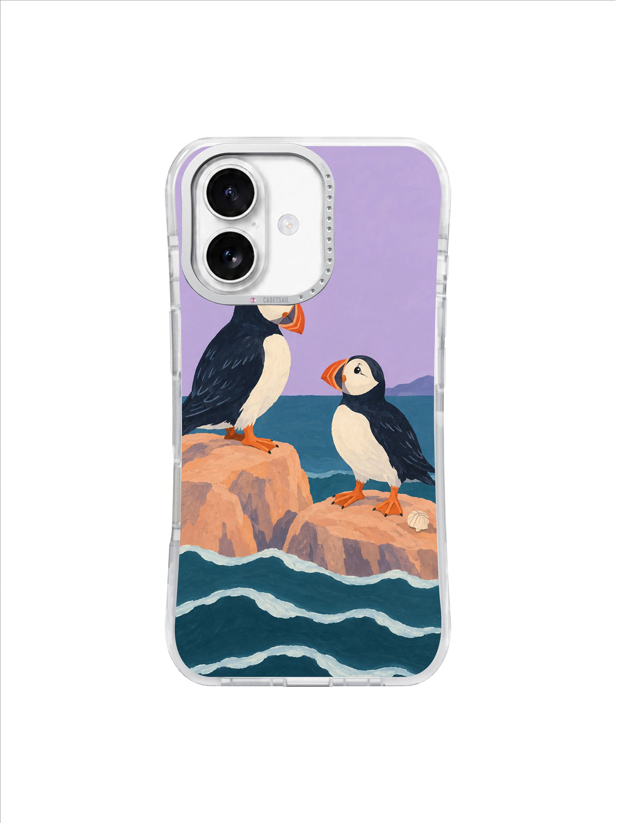 Two puffins finding steady seats on peach shoreline rocks in a flat gouache iPhone 17 case design