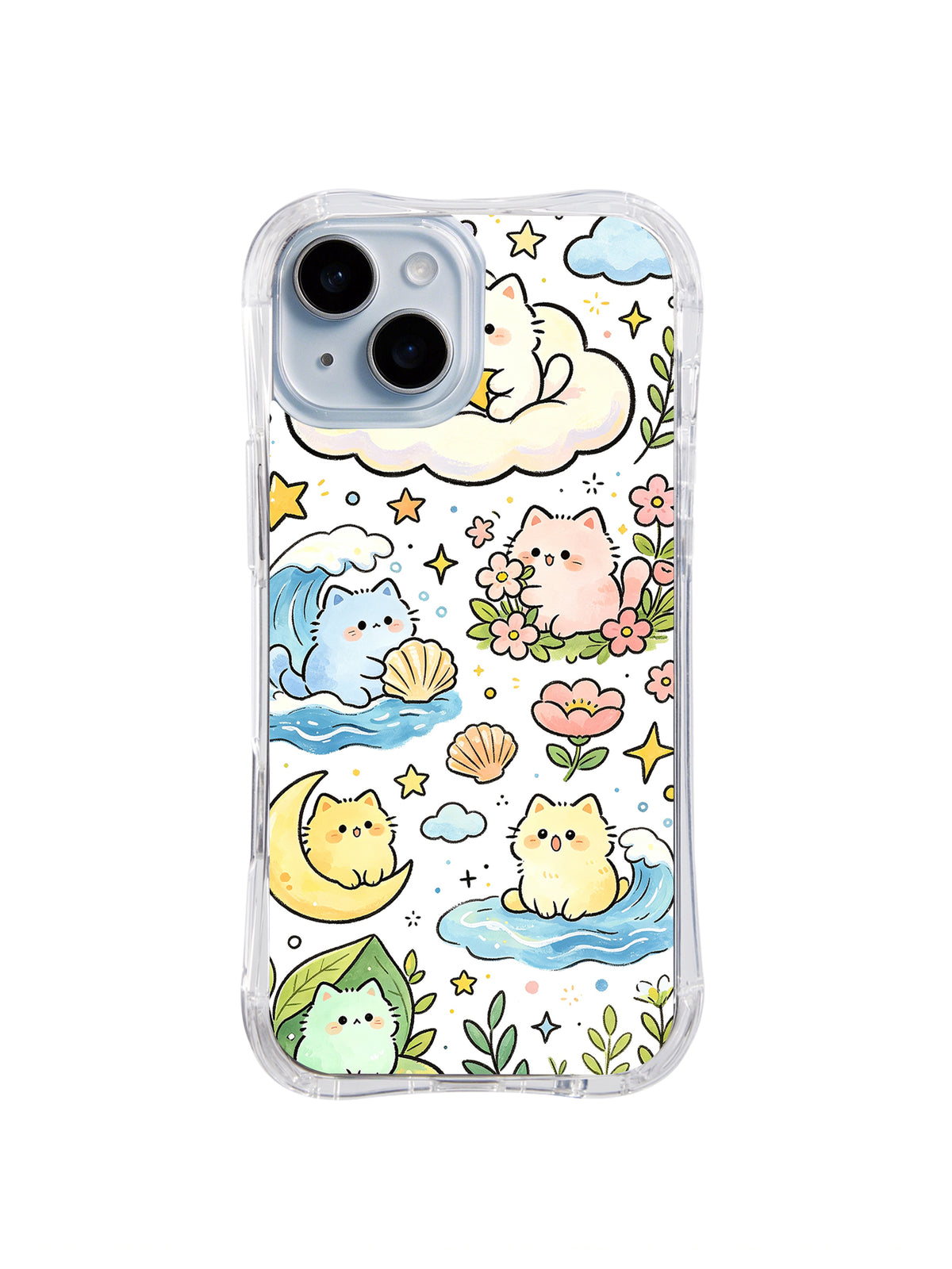 Moonlit Ocean Cat Universe: Pastel kediler yıldızlar ve çiçekler arasında aylar, bulutlar, kabuklar ve dalgalarda süzülür.