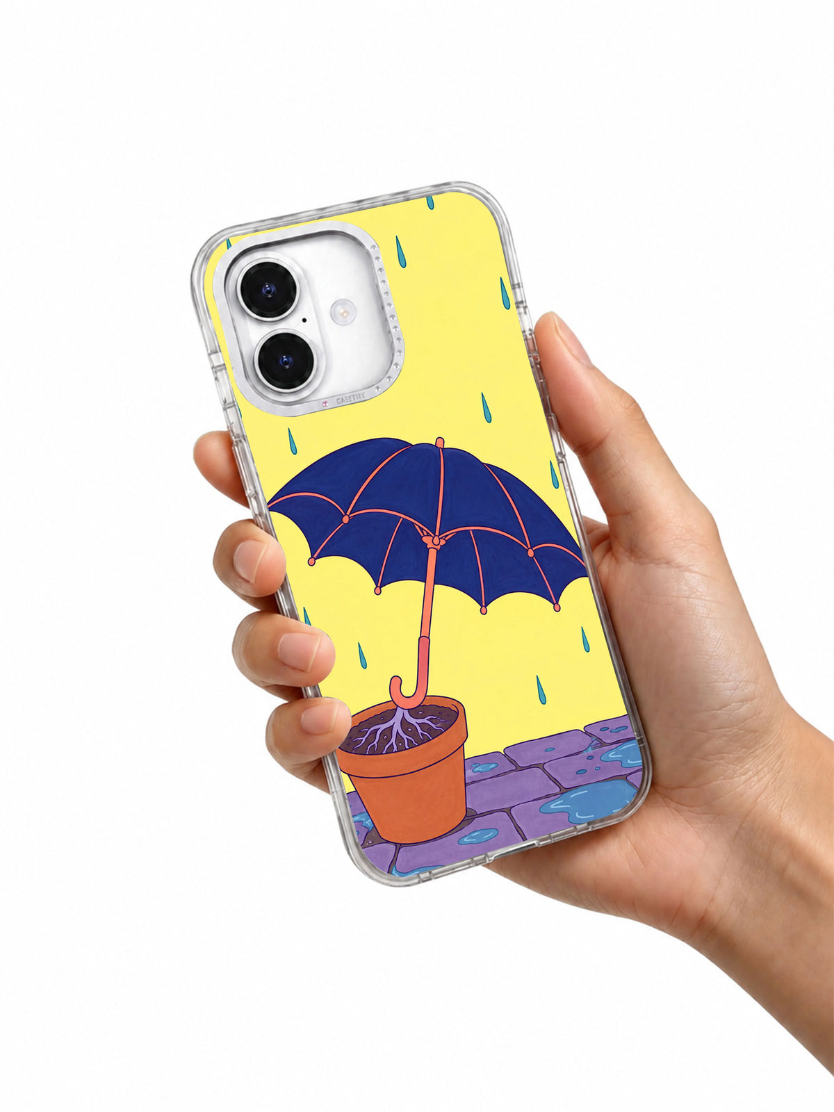 The Umbrella That Grew Roots iPhone 17 case shown naturally in hand