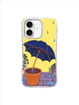 Indigo umbrella rooted in a terracotta pot against a lemon yellow iPhone case