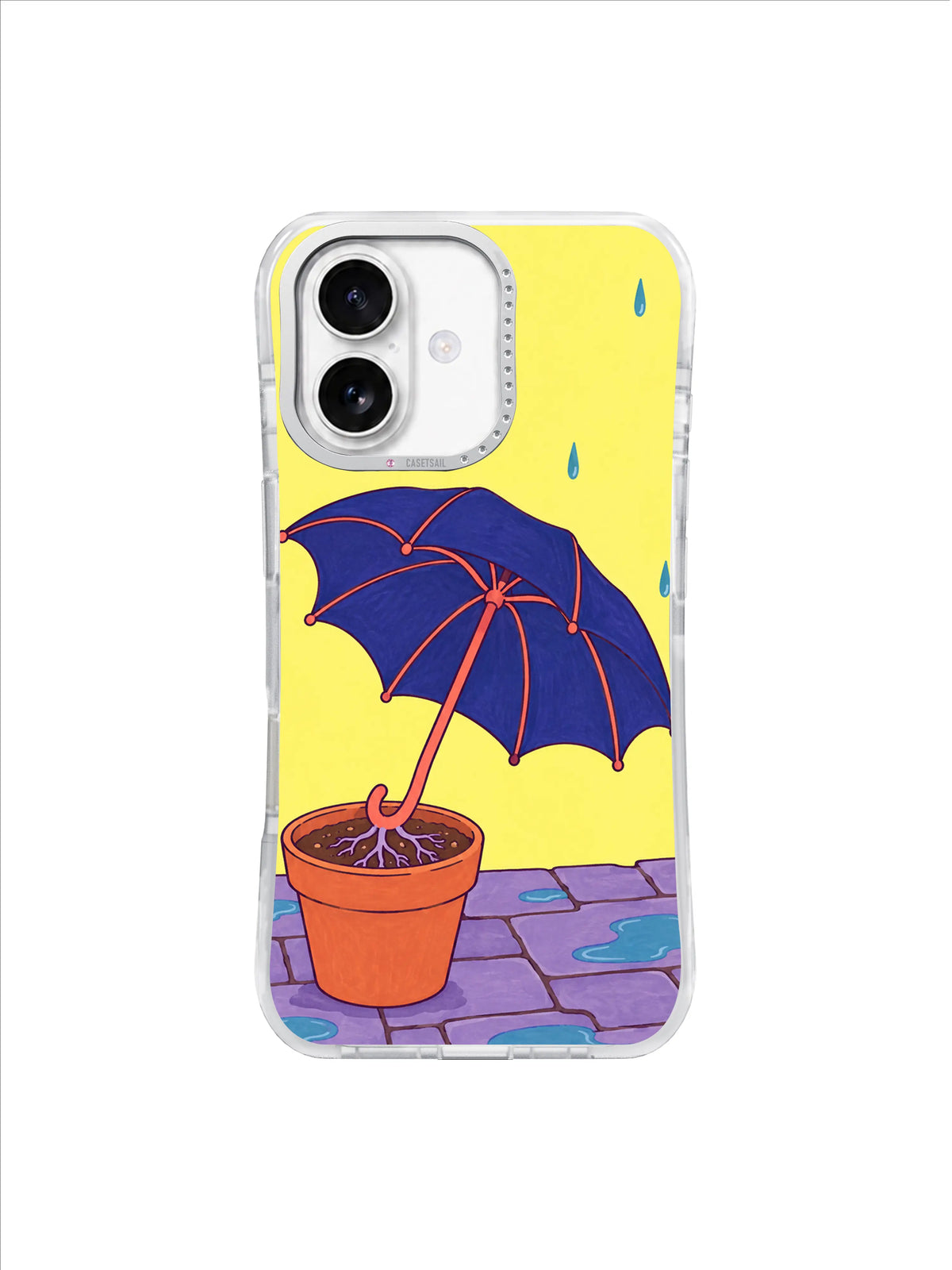Indigo umbrella rooted in a pot above lilac paving and blue puddles