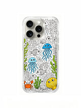 Underwater creature gathering doodle artwork on an iPhone 15 Pro case
