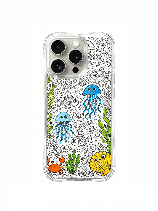 Cute underwater creature gathering doodle iPhone 15 pro Case from PhoneCasing, original Nico Scribble hand-drawn artwork printed on scratch-resistant premium phone casing, trendy ocean cartoon art phone cover for US young female buyers.
2