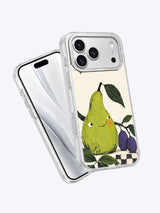 Angled product view of green pear orchard phone case