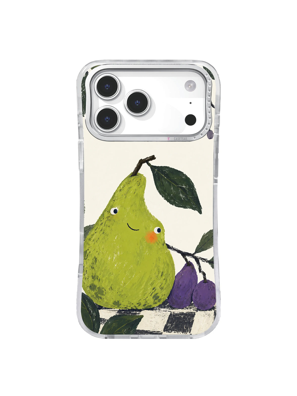 Green pear artwork above a broken black checker ground