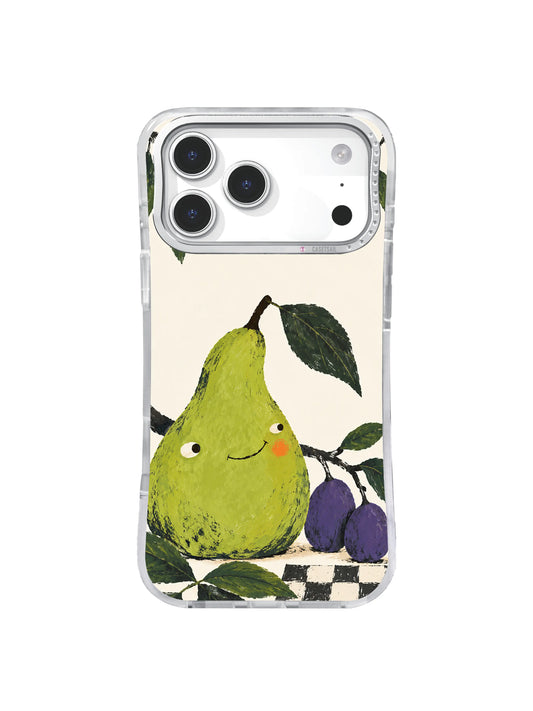 Lime-green pear character on a cream orchard iPhone case