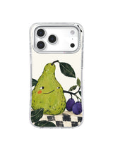 Asymmetrical green pear and purple fruit orchard artwork