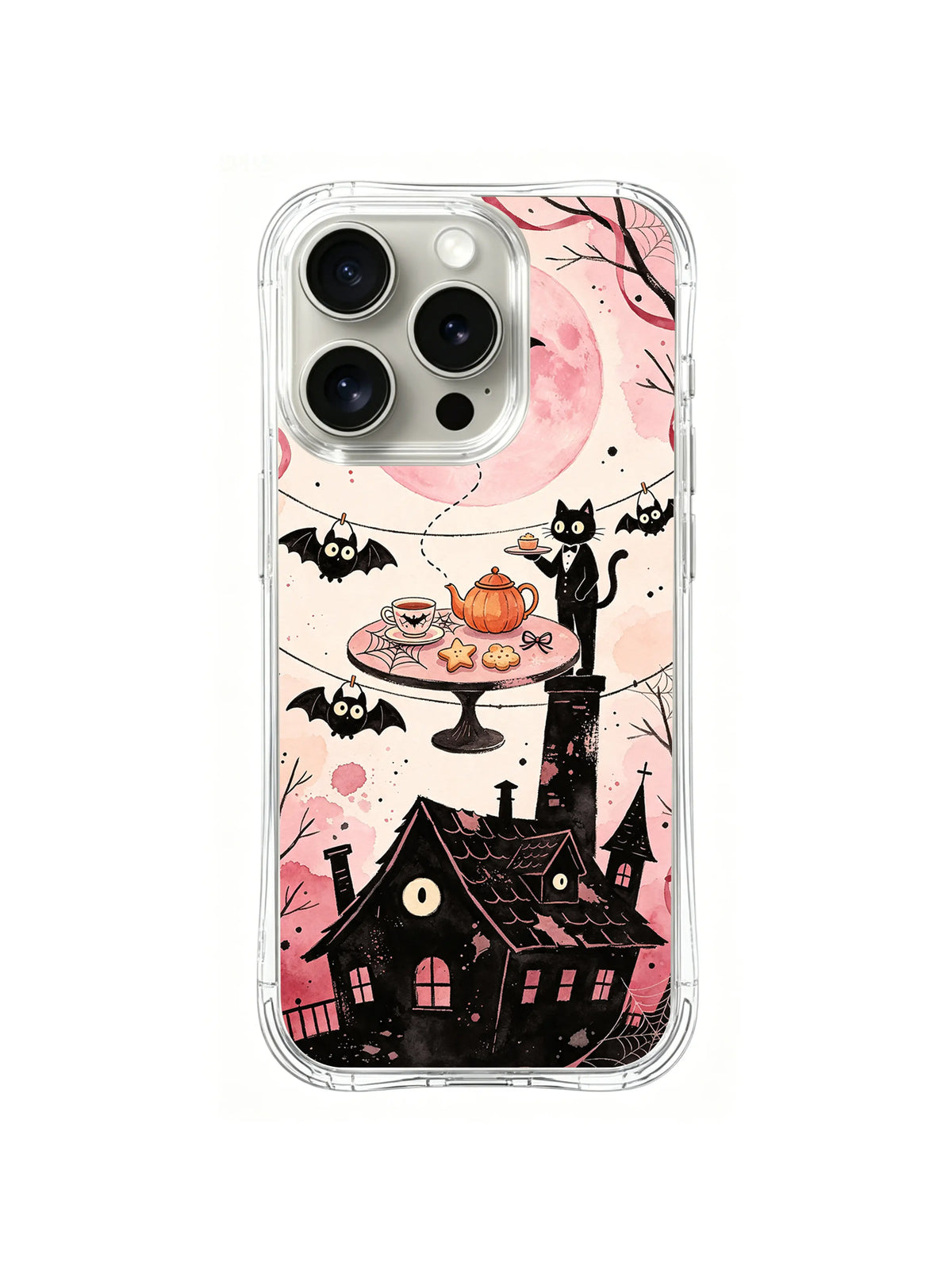 The Upside-Down Bat Tea Party iPhone 13 Pro case – Pink Moon Tea Flight pattern by Vesper Rosethorn