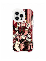 Velvet Bow Gift Parade pattern on a white iPhone 14 Pro case with layered burgundy and blush bows, stockings, envelopes and gift boxes