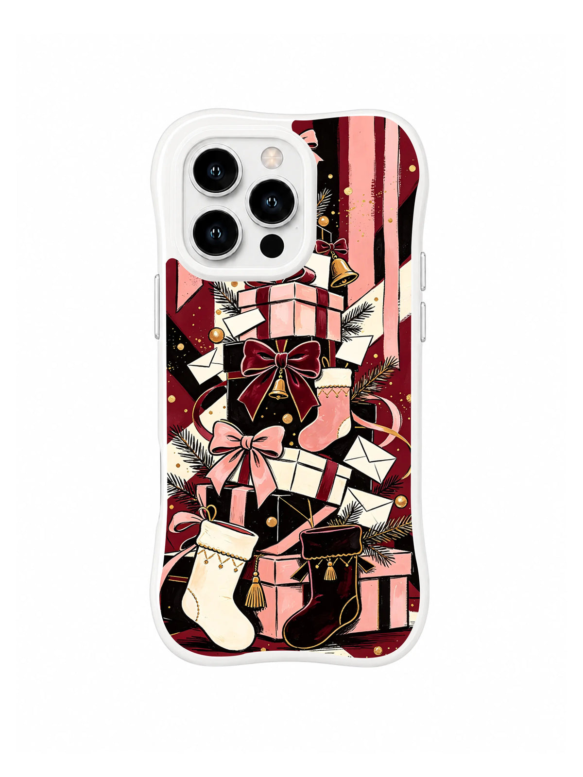 Velvet Bow Gift Parade pattern on a white iPhone 14 Pro case with layered burgundy and blush bows, stockings, envelopes and gift boxes