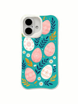 Velvet Dawn Eggs / Blush Egg Dawn: Large blush and ivory eggs with fine white ornaments among navy branches and small daisies on turquoise.