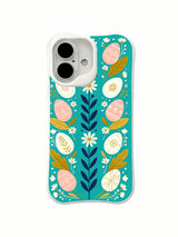 Velvet Dawn Eggs / Botanical Dawn Eggs: A navy central branch with paired pastel eggs, broad gold leaves and white flowers.