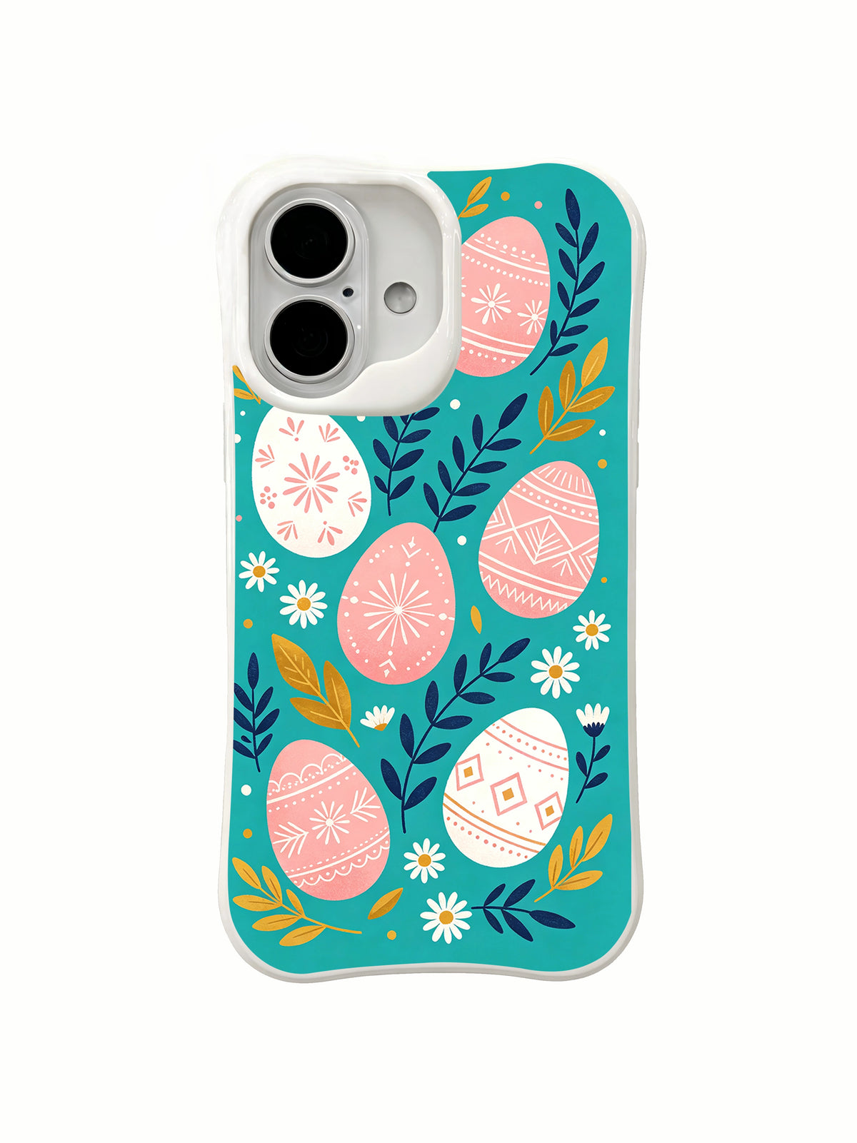 Velvet Dawn Eggs: Additional rear view: Large blush and ivory eggs with fine white ornaments among navy branches and small daisies on turquoise.