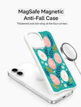 Velvet Dawn Eggs: Illustrated case separated from a phone beside a circular charging puck.
